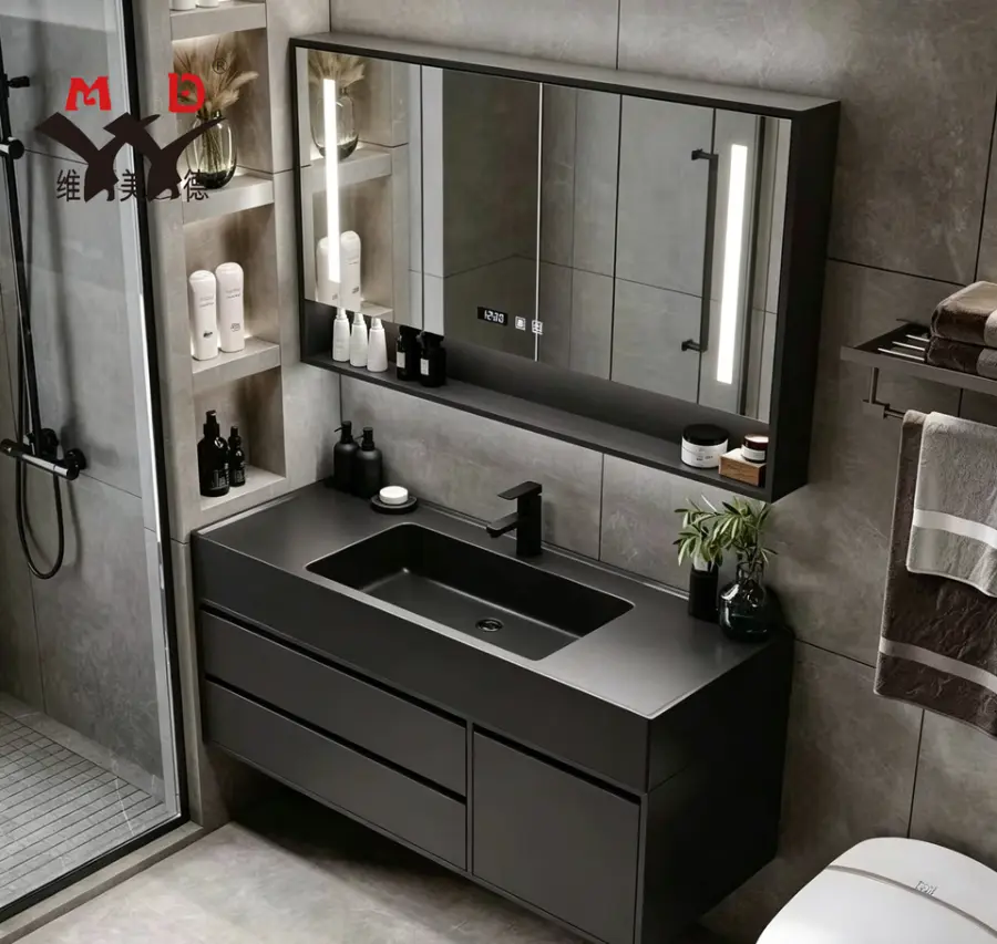 Customized Modern Dark Grey Nano Rock Bathroom Vanity Wall-mounted Floor Standing LED Mirror Open Shelf for Hotel Bathro — view 1