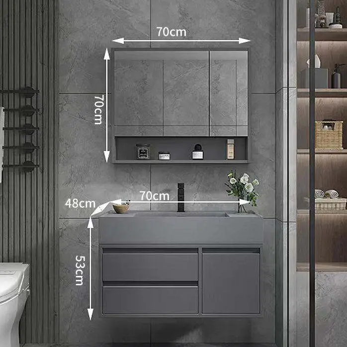 Customized Modern Dark Grey Nano Rock Bathroom Vanity Wall-mounted Floor Standing LED Mirror Open Shelf for Hotel Bathroom — image 3