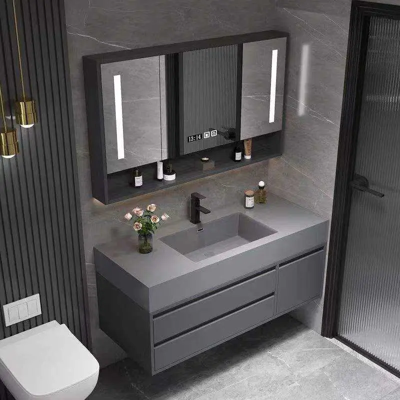 Customized Modern Dark Grey Nano Rock Bathroom Vanity Wall-mounted Floor Standing LED Mirror Open Shelf for Hotel Bathroom — image 4