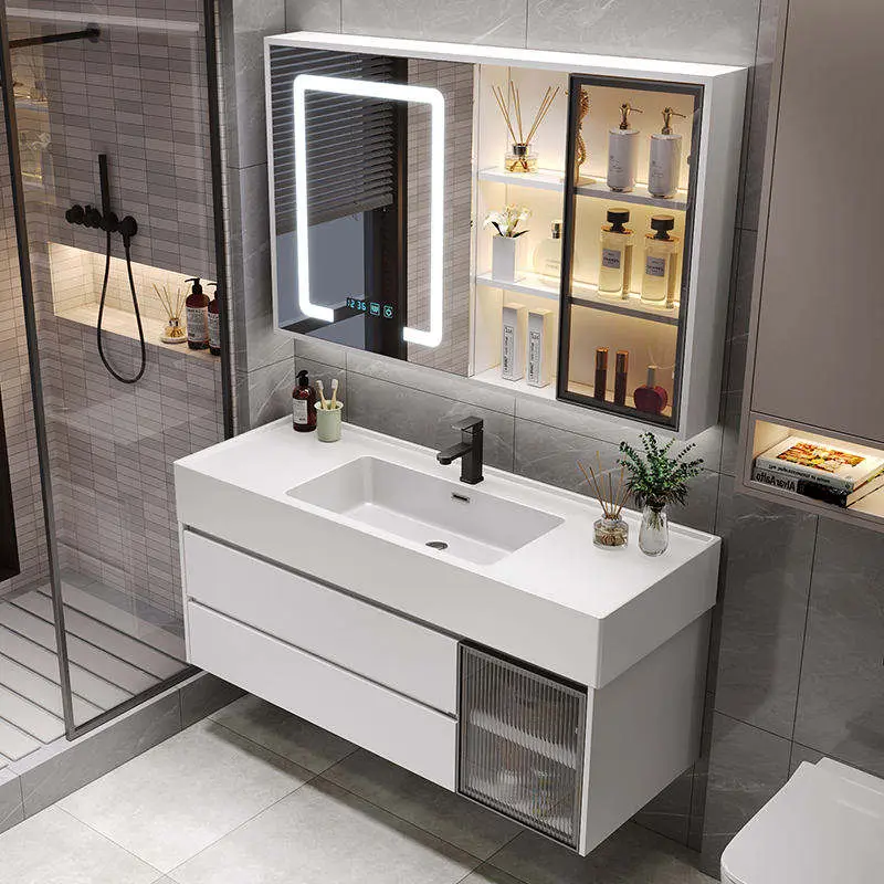 Customized Modern Dark Grey Nano Rock Bathroom Vanity Wall-mounted Floor Standing LED Mirror Open Shelf for Hotel Bathroom — image 5