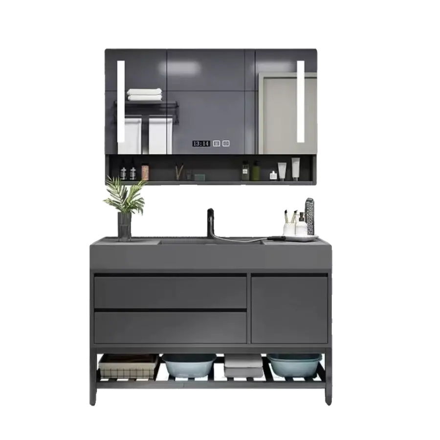 Customized Modern Dark Grey Nano Rock Bathroom Vanity Wall-mounted Floor Standing LED Mirror Open Shelf for Hotel Bathroom — image 6