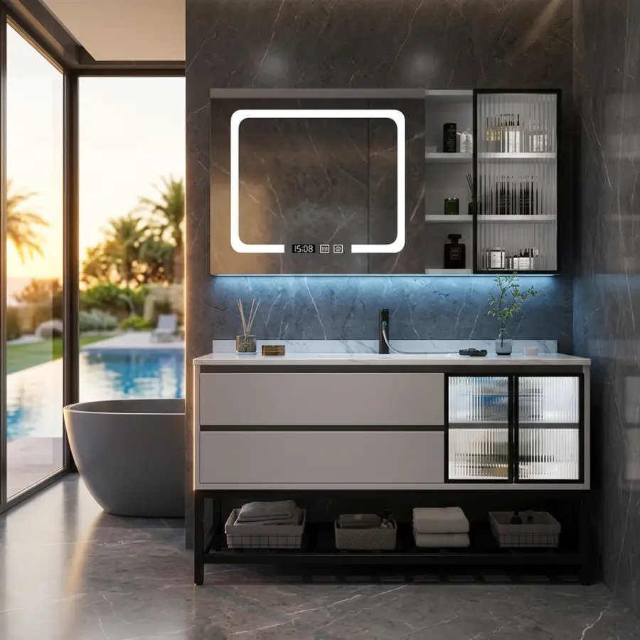Modern Simple and Intelligent Floor-standing Ceramic Integrated Glass Door Bathroom Washbasin PVC Bathroom Vanity — view 1