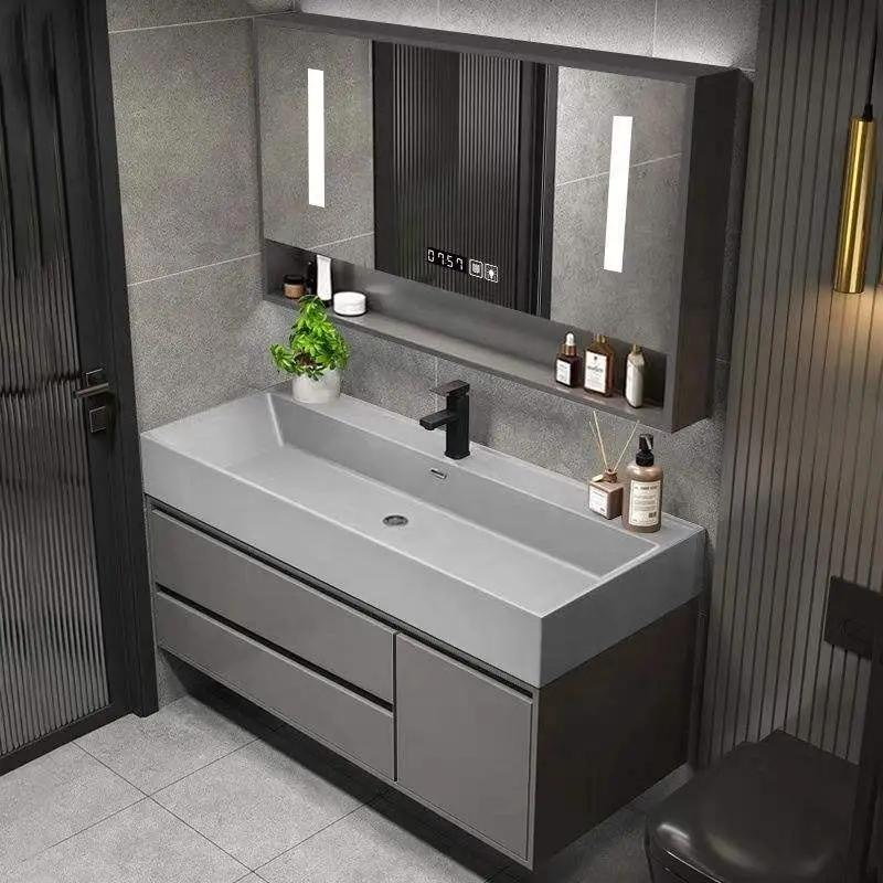 Modern Simple and Intelligent Floor-standing Ceramic Integrated Glass Door Bathroom Washbasin PVC Bathroom Vanity — image 3