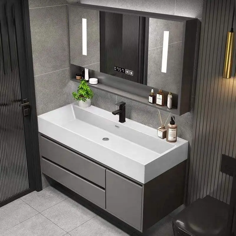 Modern Simple and Intelligent Floor-standing Ceramic Integrated Glass Door Bathroom Washbasin PVC Bathroom Vanity — image 4