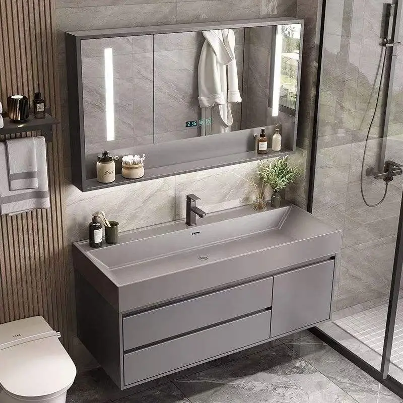 Modern Simple and Intelligent Floor-standing Ceramic Integrated Glass Door Bathroom Washbasin PVC Bathroom Vanity — image 5
