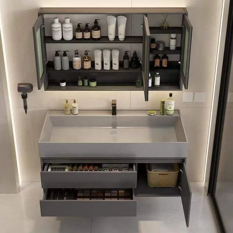 Modern Simple and Intelligent Floor-standing Ceramic Integrated Glass Door Bathroom Washbasin PVC Bathroom Vanity — image 6