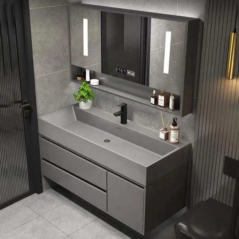 Modern Simple and Intelligent Floor-standing Ceramic Integrated Glass Door Bathroom Washbasin PVC Bathroom Vanity — image 7