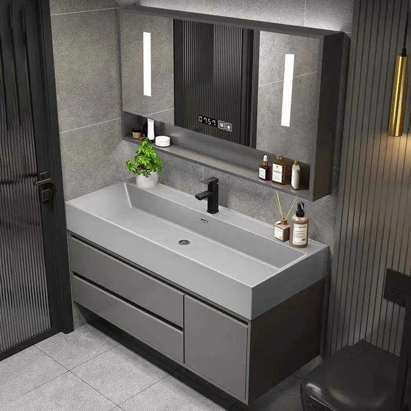 Customized Wholesale Modern Dark Grey Wall-mounted Bathroom Vanity with Integrated Ceramic Sink LED Mirror Open Shelf for Hotel — image 3