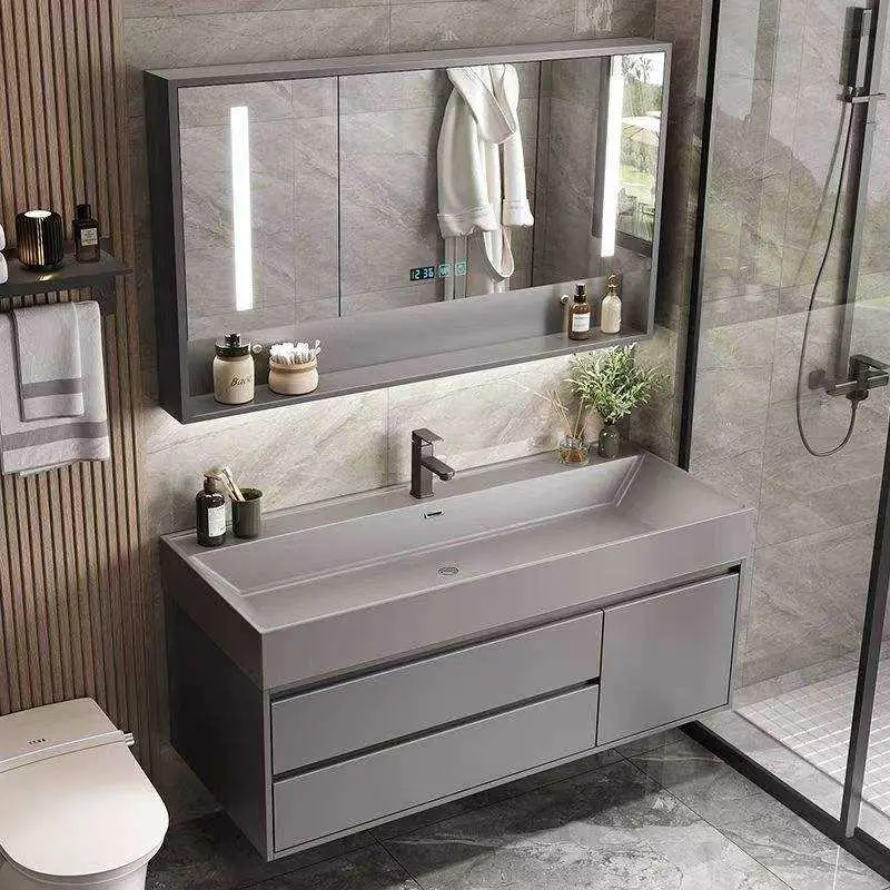 Customized Wholesale Modern Dark Grey Wall-mounted Bathroom Vanity with Integrated Ceramic Sink LED Mirror Open Shelf for Hotel — image 4