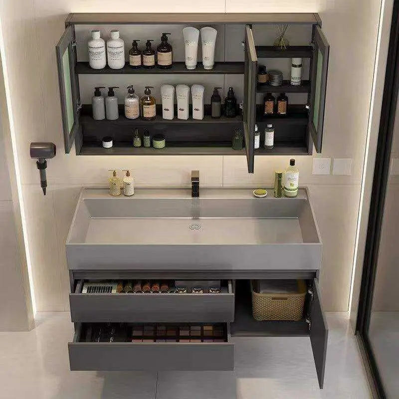 Customized Wholesale Modern Dark Grey Wall-mounted Bathroom Vanity with Integrated Ceramic Sink LED Mirror Open Shelf for Hotel — image 5