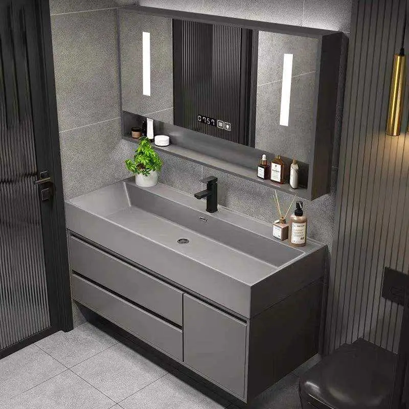 Customized Wholesale Modern Dark Grey Wall-mounted Bathroom Vanity with Integrated Ceramic Sink LED Mirror Open Shelf for Hotel — image 6