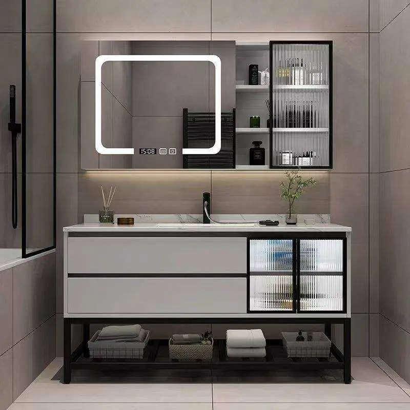 Customized Wholesale Modern Dark Grey Wall-mounted Bathroom Vanity with Integrated Ceramic Sink LED Mirror Open Shelf for Hotel — image 7