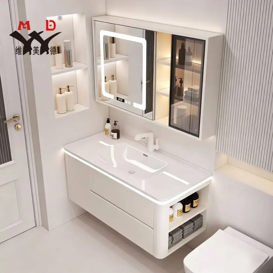 Cream Style White Wall-mounted Bathroom Vanity with Side Storage Compartment and Seamless Basin and with Mirror Lights C — view 1