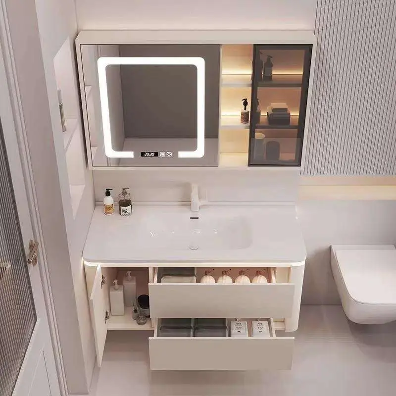 Cream Style White Wall-mounted Bathroom Vanity with Side Storage Compartment and Seamless Basin and with Mirror Lights Cabinet — image 3