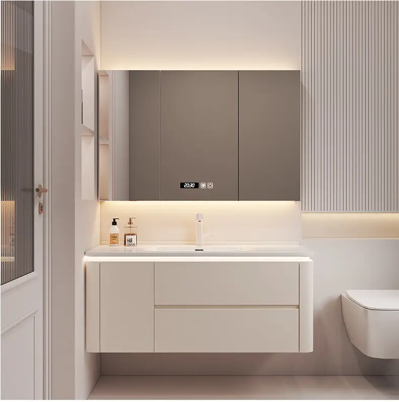 Cream Style White Wall-mounted Bathroom Vanity with Side Storage Compartment and Seamless Basin and with Mirror Lights Cabinet — image 4