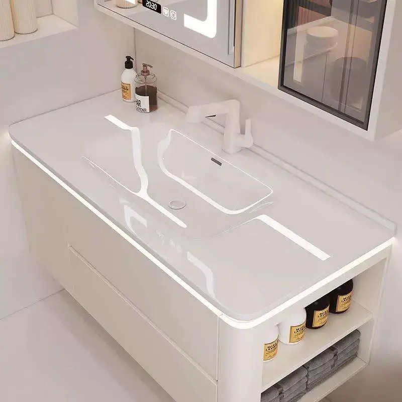 Cream Style White Wall-mounted Bathroom Vanity with Side Storage Compartment and Seamless Basin and with Mirror Lights Cabinet — image 5