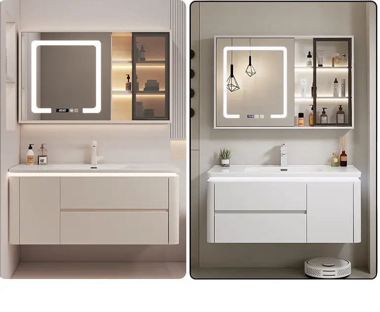 Cream Style White Wall-mounted Bathroom Vanity with Side Storage Compartment and Seamless Basin and with Mirror Lights Cabinet — image 6