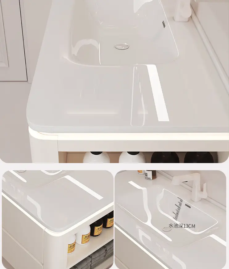 Cream Style White Wall-mounted Bathroom Vanity with Side Storage Compartment and Seamless Basin and with Mirror Lights Cabinet — image 7