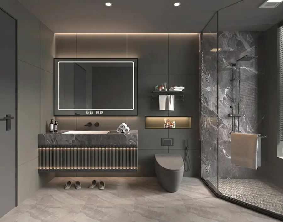 Custom Luxury Irregular Backlit LED Mirror Black Vessel Sink Sintered Stone Floating Fluted Bathroom Vanity for Hotel Use — image 4