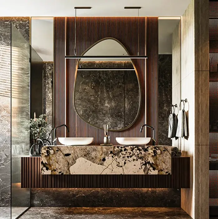 Custom Luxury Irregular Backlit LED Mirror Black Vessel Sink Sintered Stone Floating Fluted Bathroom Vanity for Hotel Use — image 6