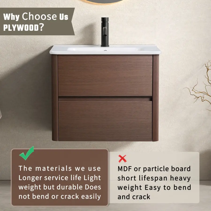 Custom Luxury Modern Walnut Wood Grain Plywood Wall Hung 2 Drawer Rounded Edge Ceramic Integrated Basin Bathroom Vanity set — image 3