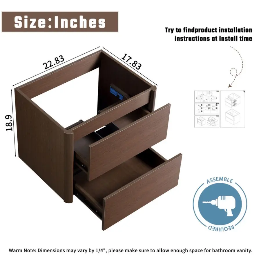 Custom Luxury Modern Walnut Wood Grain Plywood Wall Hung 2 Drawer Rounded Edge Ceramic Integrated Basin Bathroom Vanity set — image 4