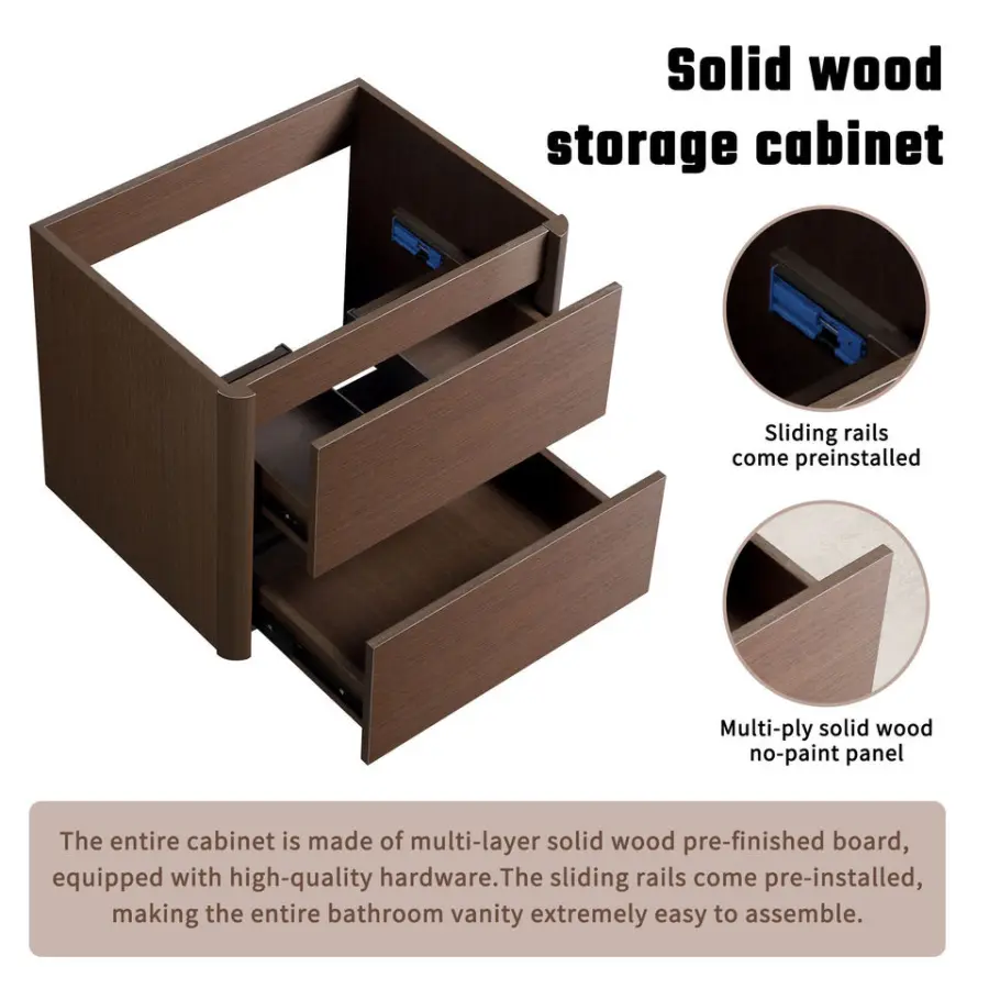Custom Luxury Modern Walnut Wood Grain Plywood Wall Hung 2 Drawer Rounded Edge Ceramic Integrated Basin Bathroom Vanity set — image 5