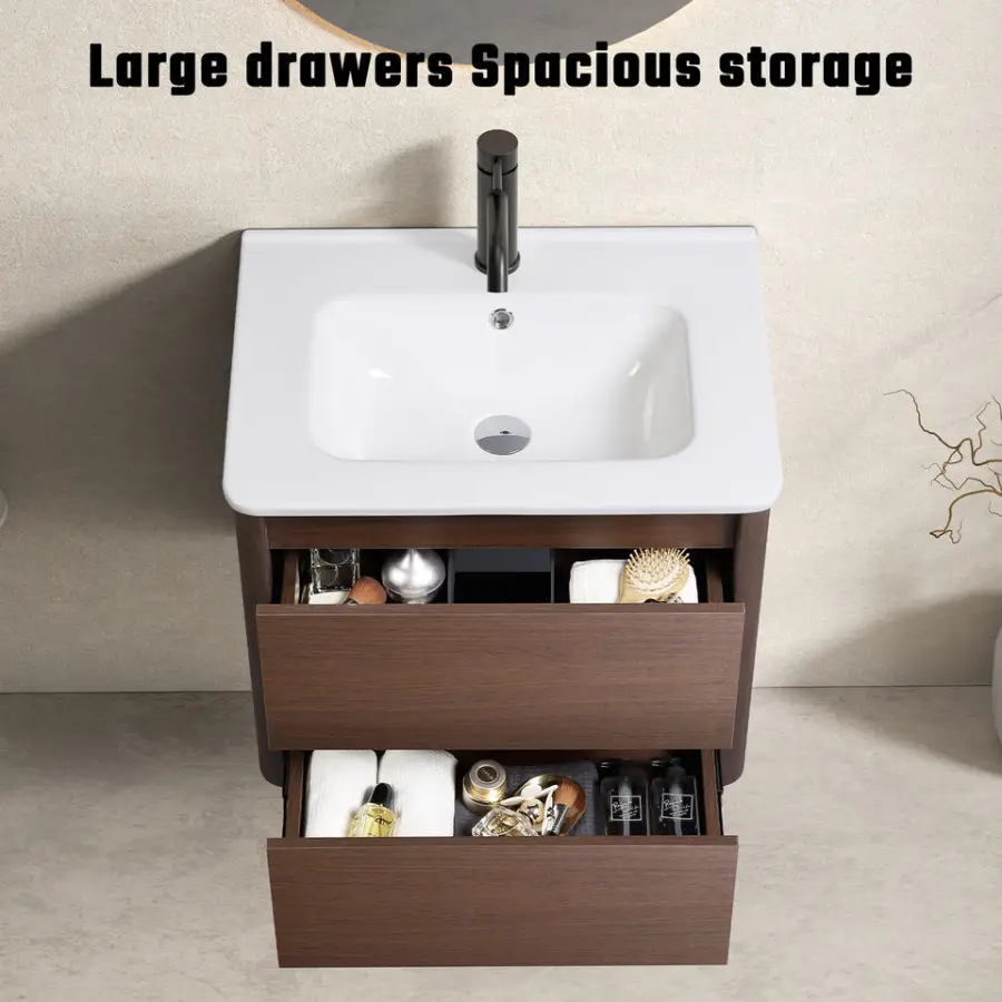 Custom Luxury Modern Walnut Wood Grain Plywood Wall Hung 2 Drawer Rounded Edge Ceramic Integrated Basin Bathroom Vanity set — image 6