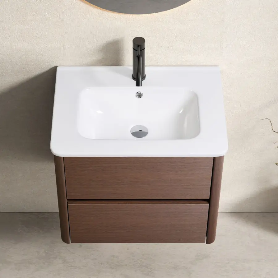 Custom Luxury Modern Walnut Wood Grain Plywood Wall Hung 2 Drawer Rounded Edge Ceramic Integrated Basin Bathroom Vanity set — image 7