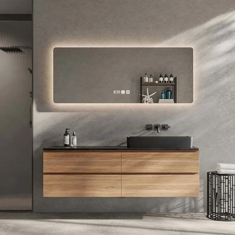 Custom Luxury Natural Wood Grain Plywood 4 Drawers Floating Black Sintered Stone Vessel Sink Bathroom Vanity with LED Mi — view 1