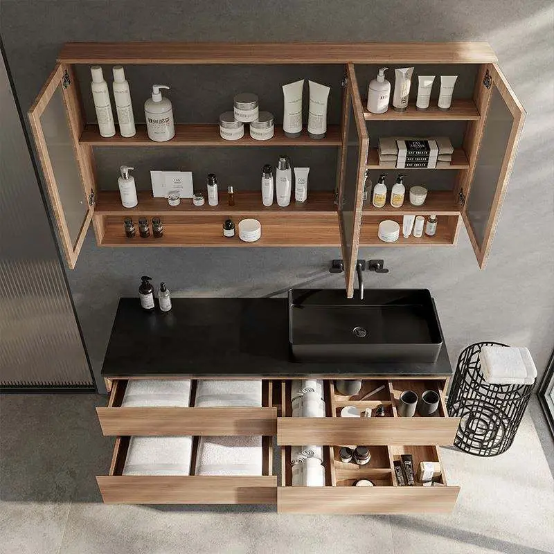 Custom Luxury Natural Wood Grain Plywood 4 Drawers Floating Black Sintered Stone Vessel Sink Bathroom Vanity with LED Mirror — image 3