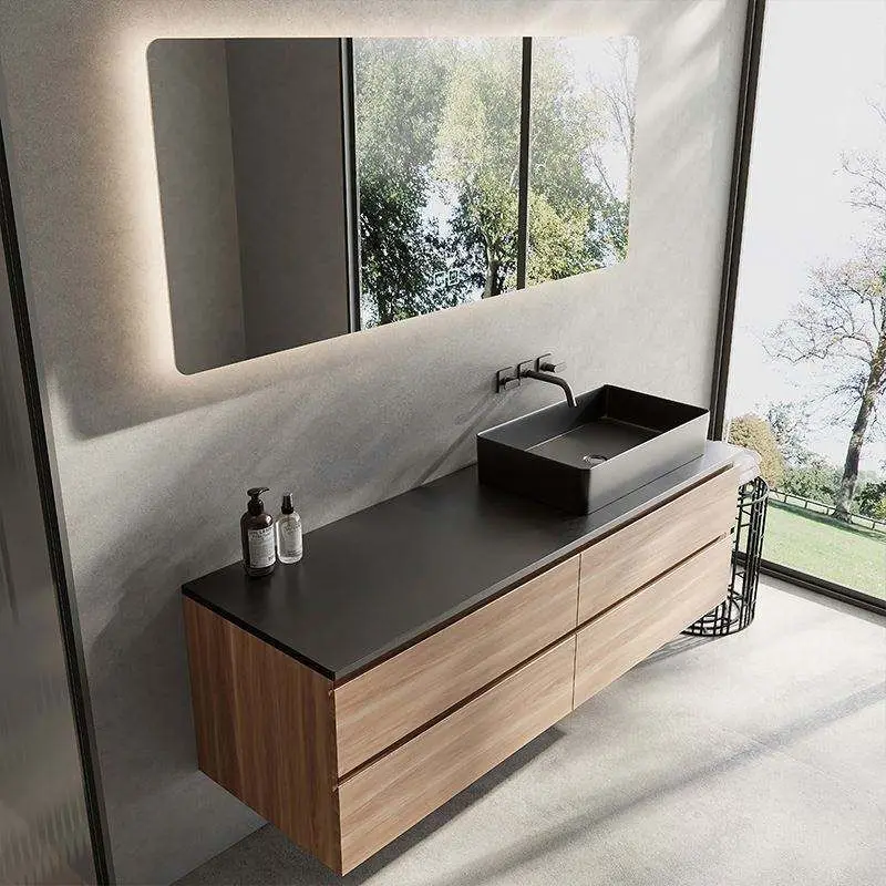 Custom Luxury Natural Wood Grain Plywood 4 Drawers Floating Black Sintered Stone Vessel Sink Bathroom Vanity with LED Mirror — image 4