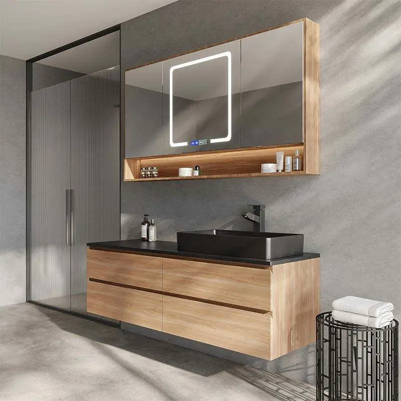 Custom Luxury Natural Wood Grain Plywood 4 Drawers Floating Black Sintered Stone Vessel Sink Bathroom Vanity with LED Mirror — image 5