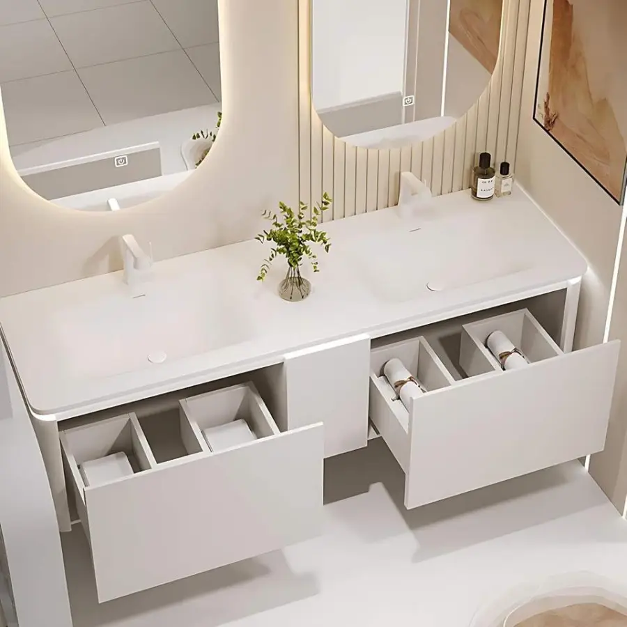 Customized Cream Style White Wall-Mounted Bathroom Vanity with Integrated Basin & Smart Anti-Fog LED Double Oval Mirror — image 3
