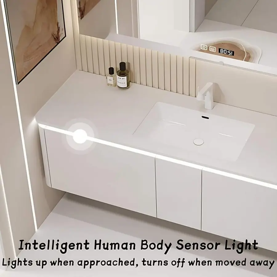 Customized Cream Style White Wall-Mounted Bathroom Vanity with Integrated Basin & Smart Anti-Fog LED Double Oval Mirror — image 6