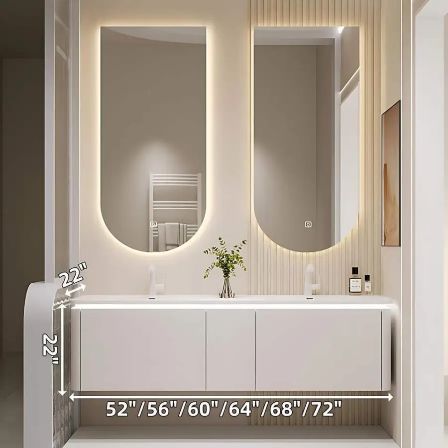 Customized Cream Style White Wall-Mounted Bathroom Vanity with Integrated Basin & Smart Anti-Fog LED Double Oval Mirror — image 7