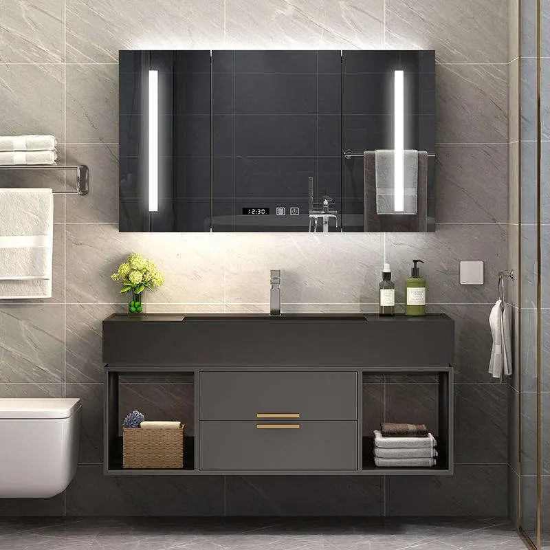 Wholesale Dark Gray Floating Bathroom Vanity with 3 Door LED Mirror Cabinet and Left Right Open Shelves for Home Hotel — image 3