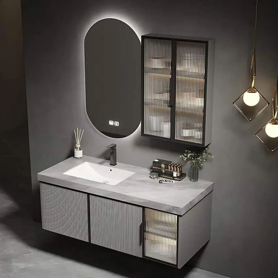 Customized Wholesale Modern Minimalist Grey Wall-Mounted Bathroom Vanity with Seamless Intergrated Basin & Oval Smart LE — view 1