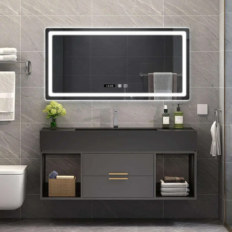 Wholesale Dark Gray Floating Bathroom Vanity with 3 Door LED Mirror Cabinet and Left Right Open Shelves for Home Hotel — image 4