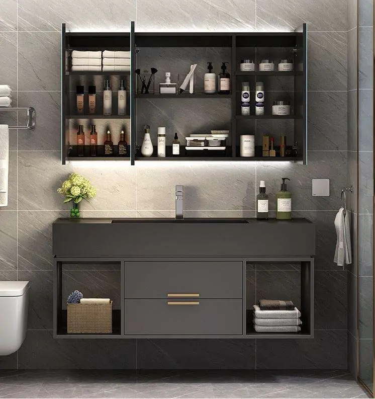 Wholesale Dark Gray Floating Bathroom Vanity with 3 Door LED Mirror Cabinet and Left Right Open Shelves for Home Hotel — image 5