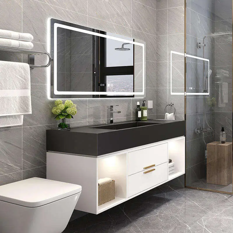 Wholesale Dark Gray Floating Bathroom Vanity with 3 Door LED Mirror Cabinet and Left Right Open Shelves for Home Hotel — image 6
