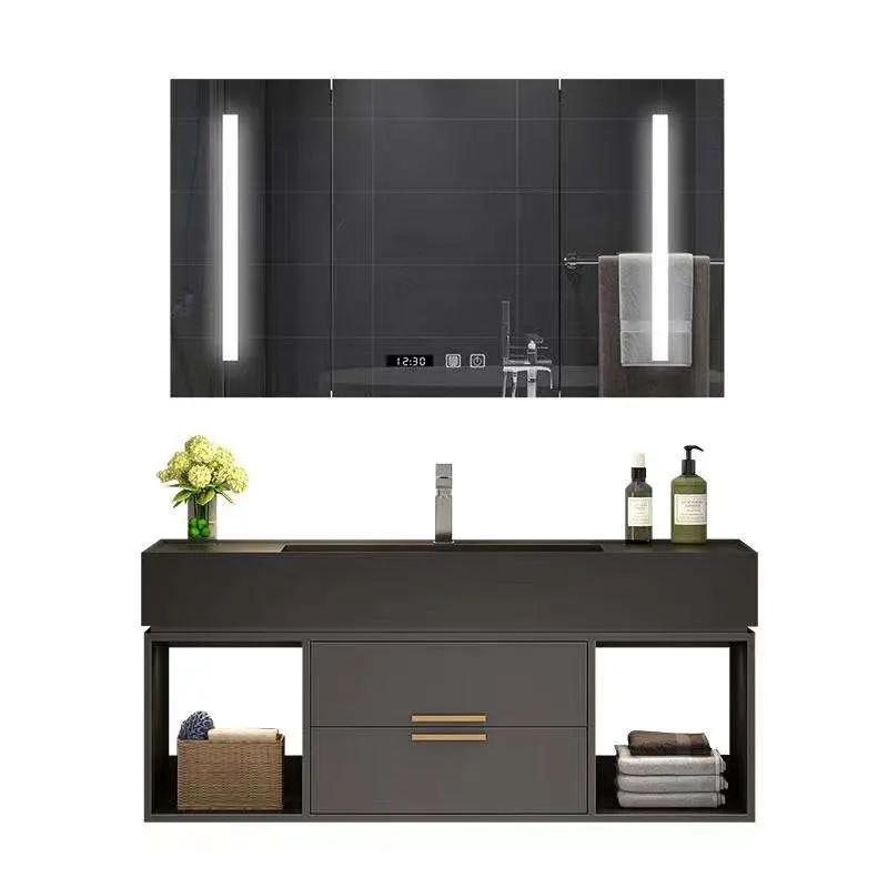 Wholesale Dark Gray Floating Bathroom Vanity with 3 Door LED Mirror Cabinet and Left Right Open Shelves for Home Hotel — image 7