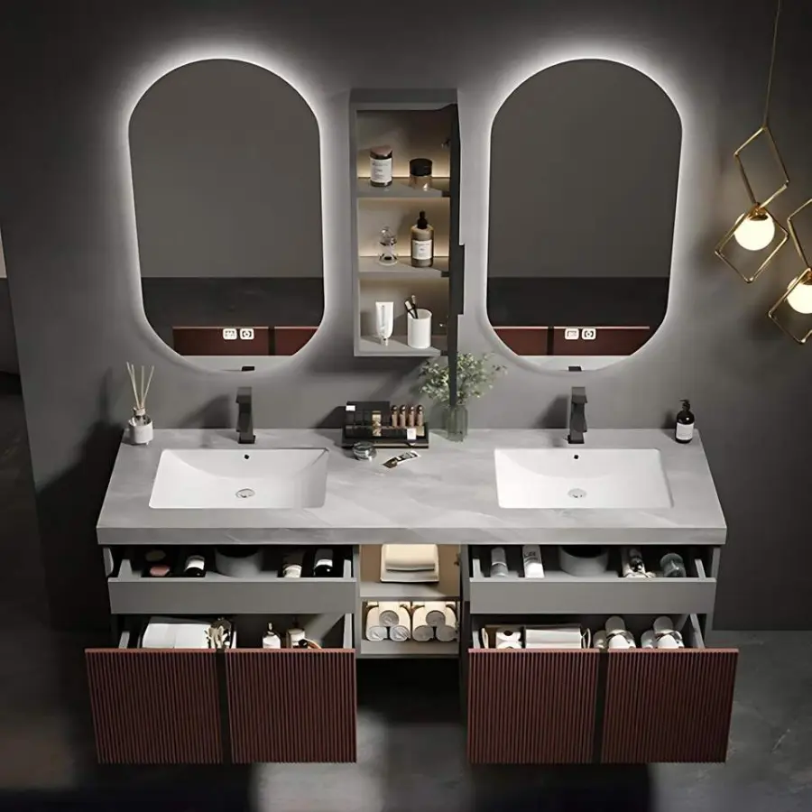 Customized Wholesale Modern Minimalist Grey Wall-Mounted Bathroom Vanity with Seamless Intergrated Basin & Oval Smart LE — view 3