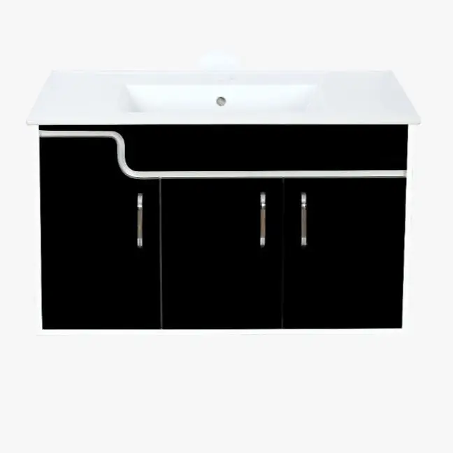 Custom Luxury Modern Black PVC Wall Hung Bathroom Vanity with 3 Doors and Ceramic Basin and Led Mirror for Hotel Apartme — view 1