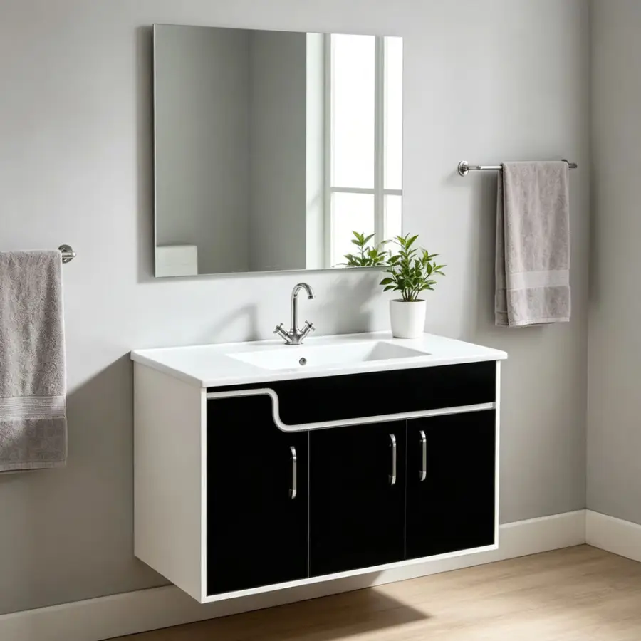 Custom Luxury Modern Black PVC Wall Hung Bathroom Vanity with 3 Doors and Ceramic Basin and Led Mirror for Hotel Apartment — image 3