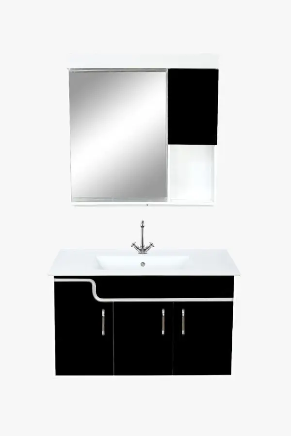 Custom Luxury Modern Black PVC Wall Hung Bathroom Vanity with 3 Doors and Ceramic Basin and Led Mirror for Hotel Apartment — image 4