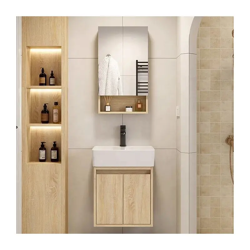 Modern Small Wall-mounted Solid Wood Dressing Table Bathroom Vanity with Washbasin Sink and Mirror for Hotel Restroom Ba — view 1