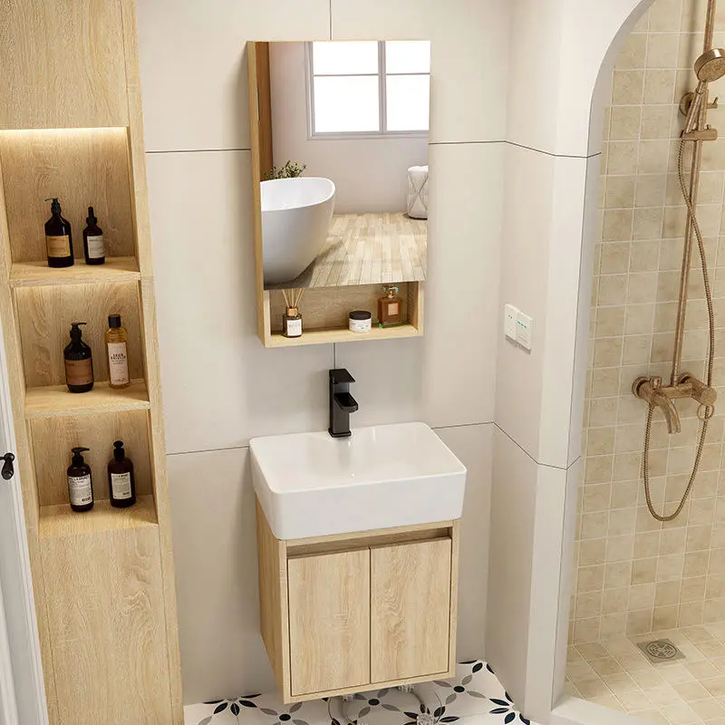 Modern Small Wall-mounted Solid Wood Dressing Table Bathroom Vanity with Washbasin Sink and Mirror for Hotel Restroom Bathrooms — image 3