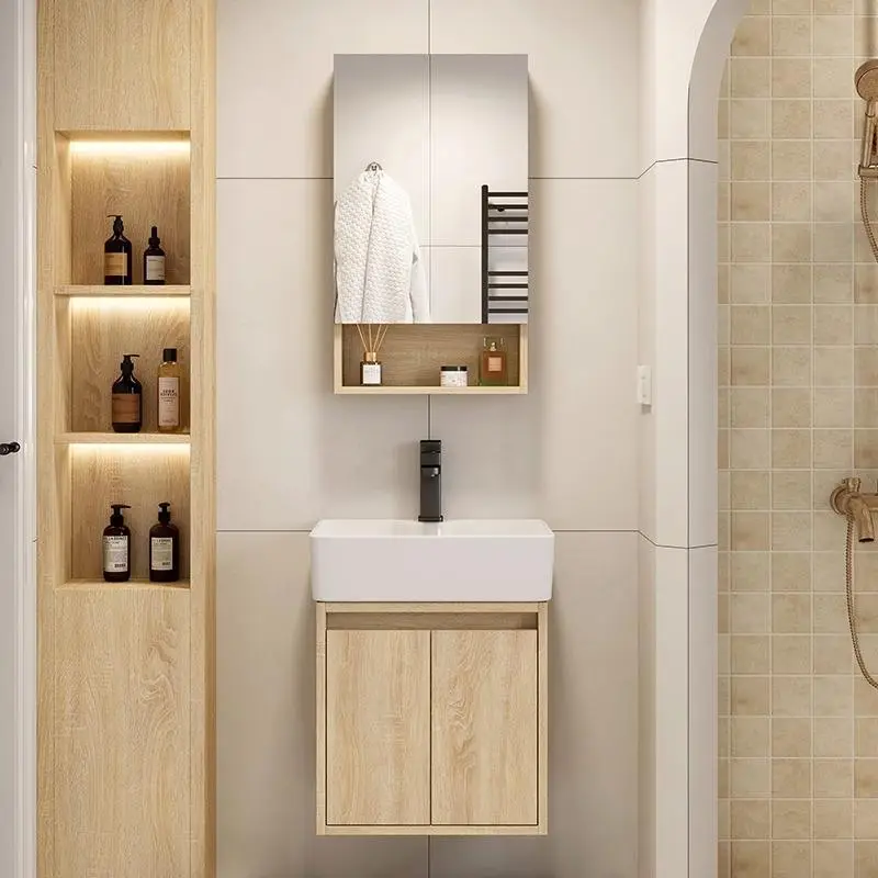 Modern Small Wall-mounted Solid Wood Dressing Table Bathroom Vanity with Washbasin Sink and Mirror for Hotel Restroom Bathrooms — image 4