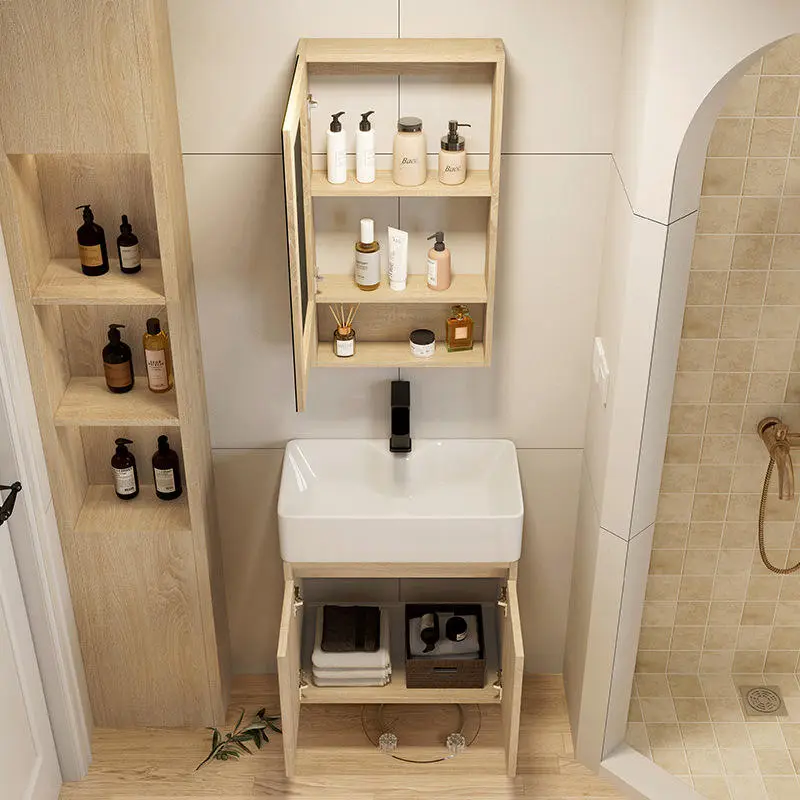 Modern Small Wall-mounted Solid Wood Dressing Table Bathroom Vanity with Washbasin Sink and Mirror for Hotel Restroom Bathrooms — image 5